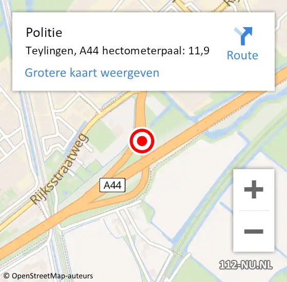 Locatie op kaart van de 112 melding: Politie Teylingen, A44 hectometerpaal: 11,9 op 9 mei 2023 19:50