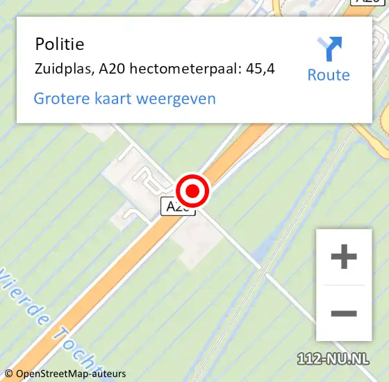 Locatie op kaart van de 112 melding: Politie Zuidplas, A20 hectometerpaal: 45,4 op 9 mei 2023 19:56