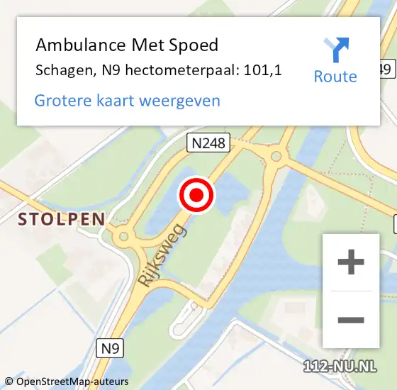 Locatie op kaart van de 112 melding: Ambulance Met Spoed Naar Schagen, N9 hectometerpaal: 101,1 op 9 mei 2023 21:44
