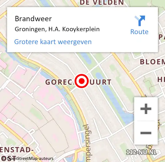 Locatie op kaart van de 112 melding: Brandweer Groningen, H.A. Kooykerplein op 9 mei 2023 21:51