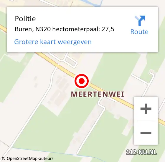 Locatie op kaart van de 112 melding: Politie Buren, N320 hectometerpaal: 27,5 op 9 mei 2023 21:56