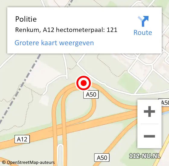 Locatie op kaart van de 112 melding: Politie Renkum, A12 hectometerpaal: 121 op 10 mei 2023 07:40