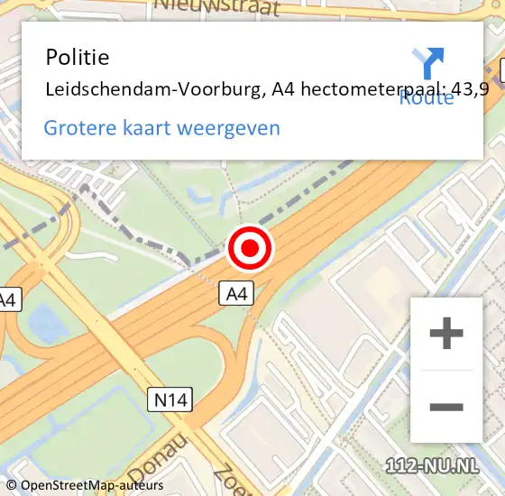 Locatie op kaart van de 112 melding: Politie Leidschendam-Voorburg, A4 hectometerpaal: 43,9 op 10 mei 2023 07:59