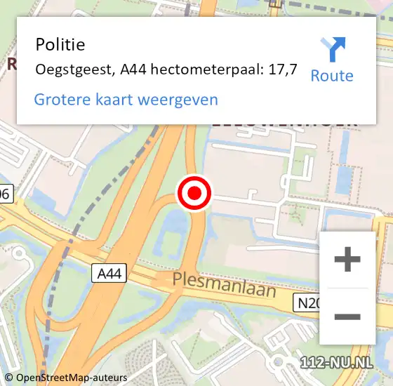 Locatie op kaart van de 112 melding: Politie Oegstgeest, A44 hectometerpaal: 17,7 op 10 mei 2023 08:15