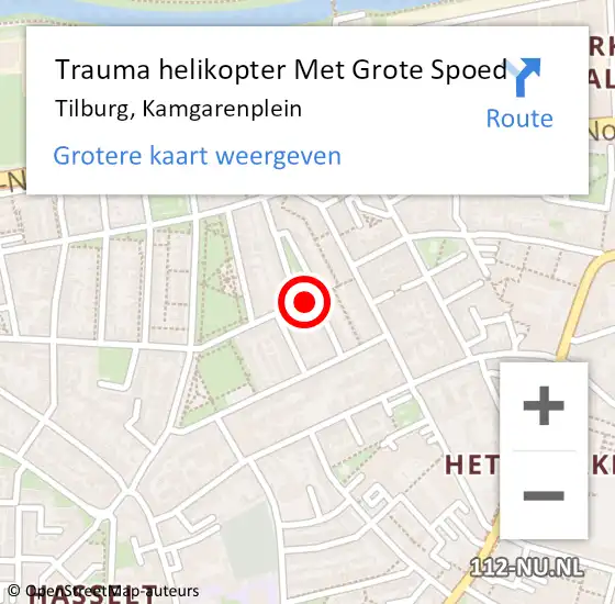 Locatie op kaart van de 112 melding: Trauma helikopter Met Grote Spoed Naar Tilburg, Kamgarenplein op 10 mei 2023 09:34