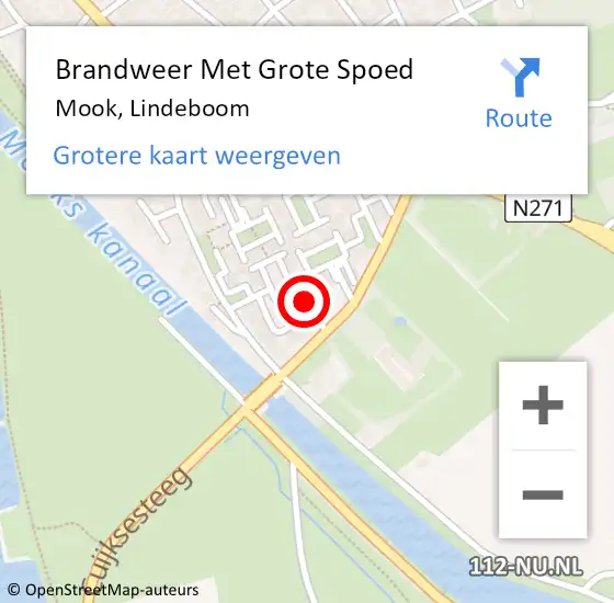 Locatie op kaart van de 112 melding: Brandweer Met Grote Spoed Naar Mook, Lindeboom op 10 mei 2023 10:33