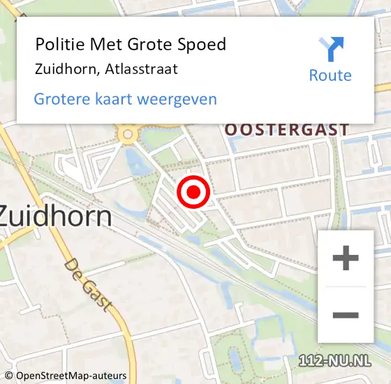 Locatie op kaart van de 112 melding: Politie Met Grote Spoed Naar Zuidhorn, Atlasstraat op 10 mei 2023 11:38