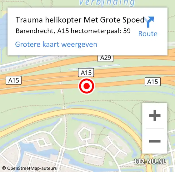 Locatie op kaart van de 112 melding: Trauma helikopter Met Grote Spoed Naar Barendrecht, A15 hectometerpaal: 59 op 10 mei 2023 12:11