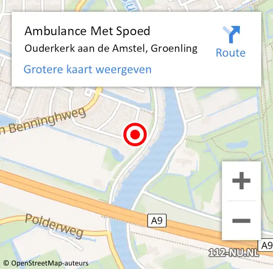 Locatie op kaart van de 112 melding: Ambulance Met Spoed Naar Ouderkerk aan de Amstel, Groenling op 10 mei 2023 12:40