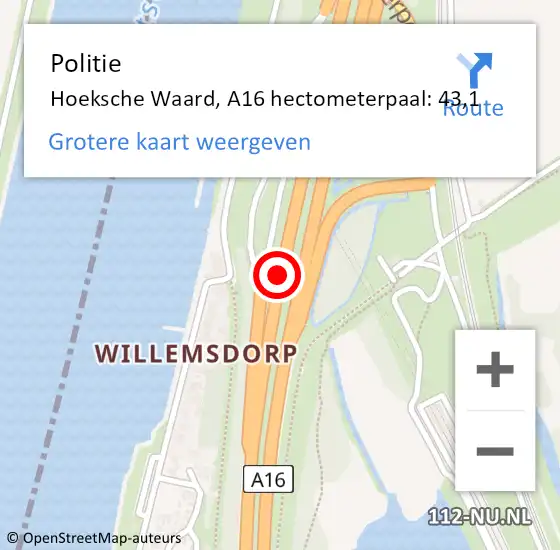 Locatie op kaart van de 112 melding: Politie Hoeksche Waard, A16 hectometerpaal: 43,1 op 10 mei 2023 13:14