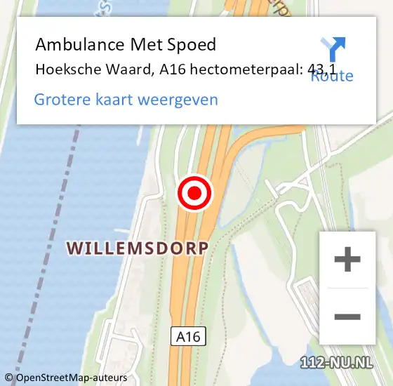 Locatie op kaart van de 112 melding: Ambulance Met Spoed Naar Hoeksche Waard, A16 hectometerpaal: 43,1 op 10 mei 2023 13:15