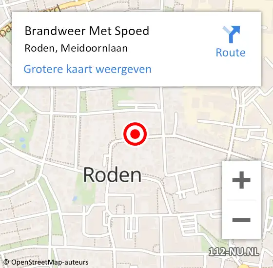 Locatie op kaart van de 112 melding: Brandweer Met Spoed Naar Roden, Meidoornlaan op 10 mei 2023 13:20