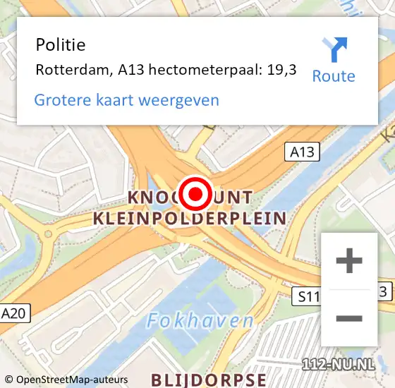 Locatie op kaart van de 112 melding: Politie Rotterdam, A13 hectometerpaal: 19,3 op 10 mei 2023 15:30