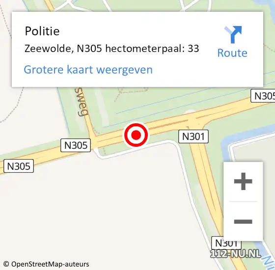 Locatie op kaart van de 112 melding: Politie Zeewolde, N305 hectometerpaal: 33 op 10 mei 2023 16:34