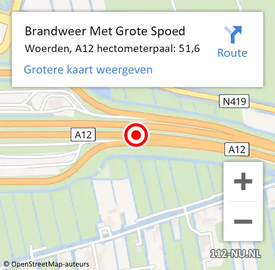 Locatie op kaart van de 112 melding: Brandweer Met Grote Spoed Naar Woerden, A12 hectometerpaal: 51,6 op 10 mei 2023 16:54