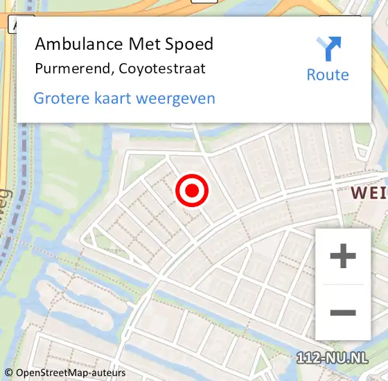 Locatie op kaart van de 112 melding: Ambulance Met Spoed Naar Purmerend, Coyotestraat op 10 mei 2023 17:48