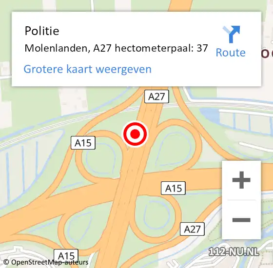 Locatie op kaart van de 112 melding: Politie Molenlanden, A27 hectometerpaal: 37 op 10 mei 2023 19:06