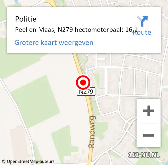 Locatie op kaart van de 112 melding: Politie Peel en Maas, N279 hectometerpaal: 16,1 op 10 mei 2023 23:38