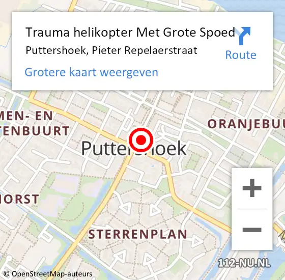 Locatie op kaart van de 112 melding: Trauma helikopter Met Grote Spoed Naar Puttershoek, Pieter Repelaerstraat op 11 mei 2023 02:57