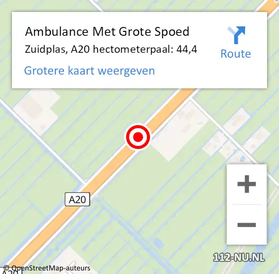 Locatie op kaart van de 112 melding: Ambulance Met Grote Spoed Naar Zuidplas, A20 hectometerpaal: 44,4 op 11 mei 2023 08:25