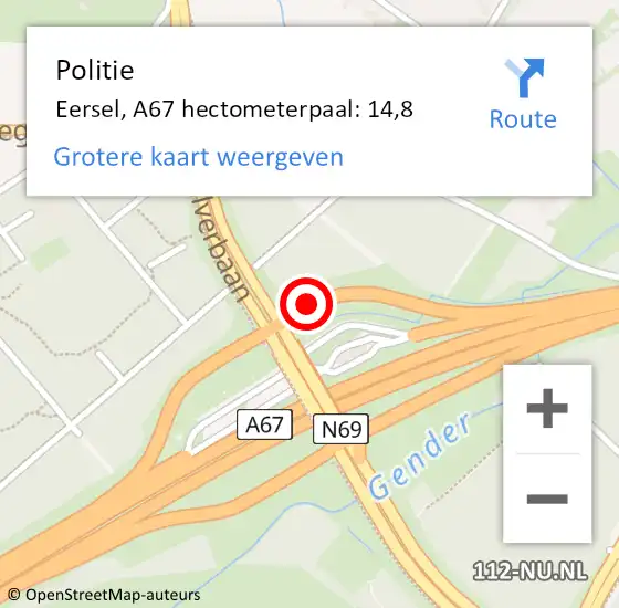 Locatie op kaart van de 112 melding: Politie Eersel, A67 hectometerpaal: 14,8 op 11 mei 2023 08:50