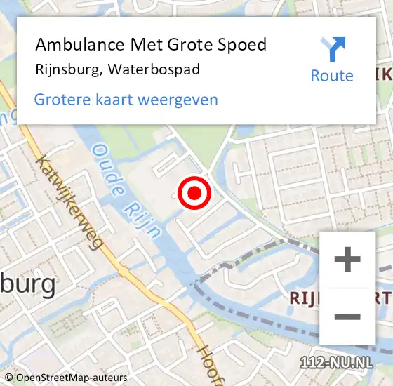 Locatie op kaart van de 112 melding: Ambulance Met Grote Spoed Naar Rijnsburg, Waterbospad op 11 mei 2023 08:53