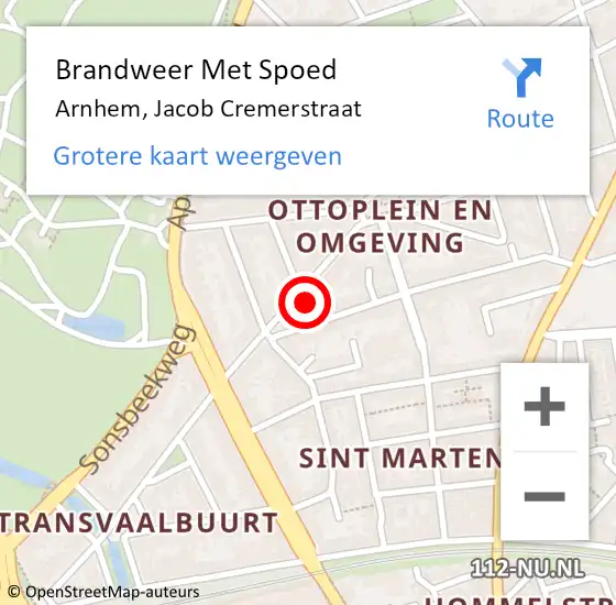 Locatie op kaart van de 112 melding: Brandweer Met Spoed Naar Arnhem, Jacob Cremerstraat op 11 mei 2023 10:00