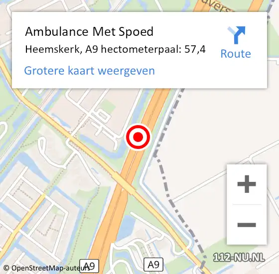 Locatie op kaart van de 112 melding: Ambulance Met Spoed Naar Heemskerk, A9 hectometerpaal: 57,4 op 11 mei 2023 11:14