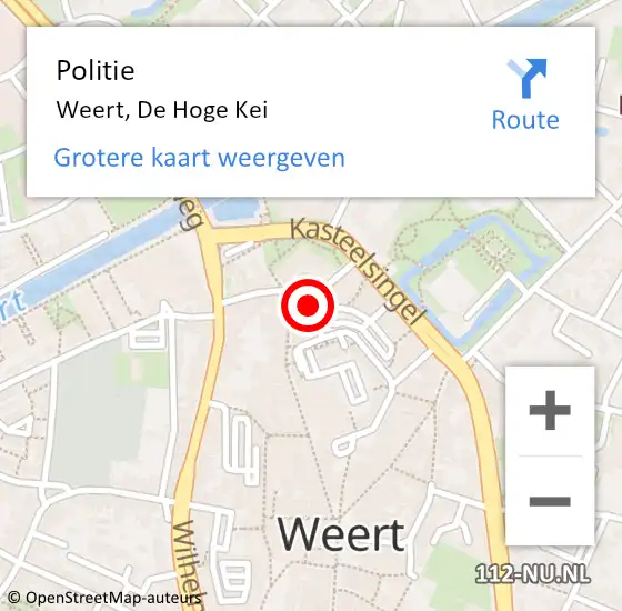 Locatie op kaart van de 112 melding: Politie Weert, De Hoge Kei op 11 mei 2023 12:59