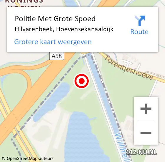 Locatie op kaart van de 112 melding: Politie Met Grote Spoed Naar Hilvarenbeek, Hoevensekanaaldijk op 11 mei 2023 13:13