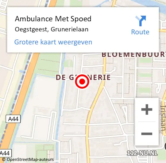 Locatie op kaart van de 112 melding: Ambulance Met Spoed Naar Oegstgeest, Grunerielaan op 11 mei 2023 14:36