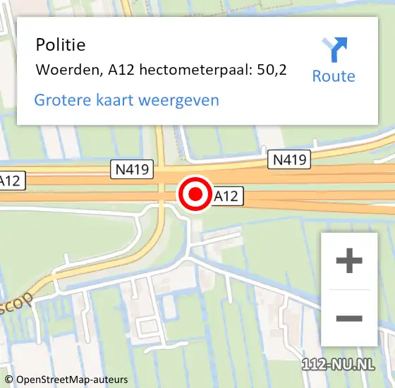 Locatie op kaart van de 112 melding: Politie Woerden, A12 hectometerpaal: 50,2 op 11 mei 2023 16:42