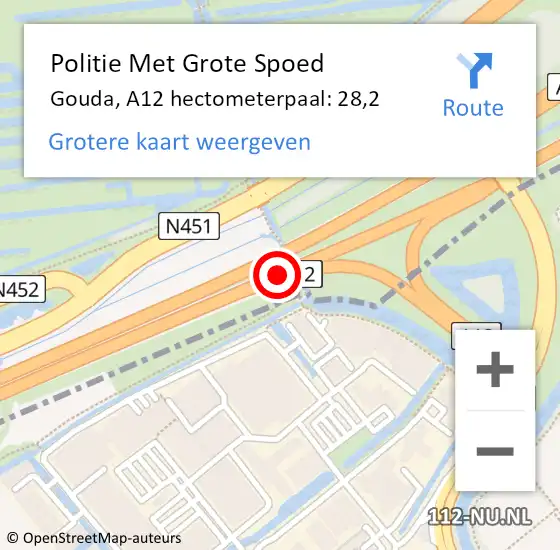 Locatie op kaart van de 112 melding: Politie Met Grote Spoed Naar Gouda, A12 hectometerpaal: 28,2 op 11 mei 2023 16:49