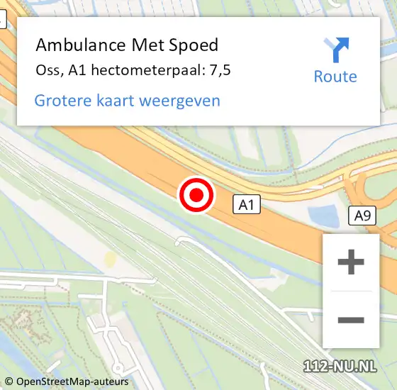 Locatie op kaart van de 112 melding: Ambulance Met Spoed Naar Oss, A1 hectometerpaal: 7,5 op 11 mei 2023 16:53