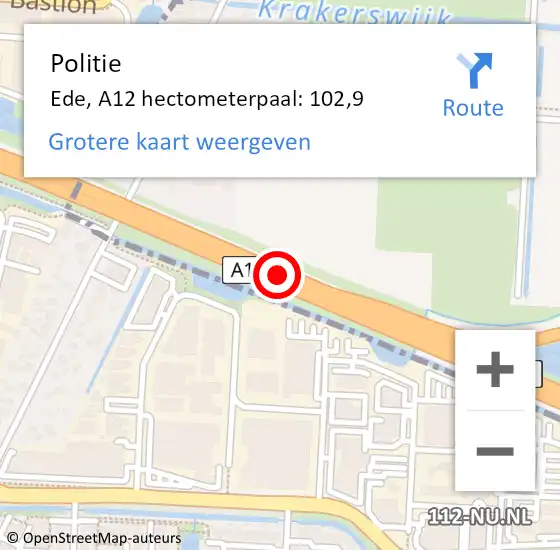 Locatie op kaart van de 112 melding: Politie Ede, A12 hectometerpaal: 102,9 op 11 mei 2023 17:36