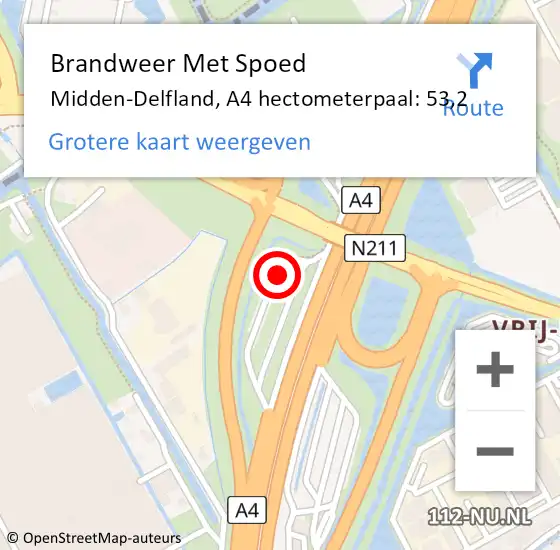 Locatie op kaart van de 112 melding: Brandweer Met Spoed Naar Midden-Delfland, A4 hectometerpaal: 53,2 op 11 mei 2023 18:53