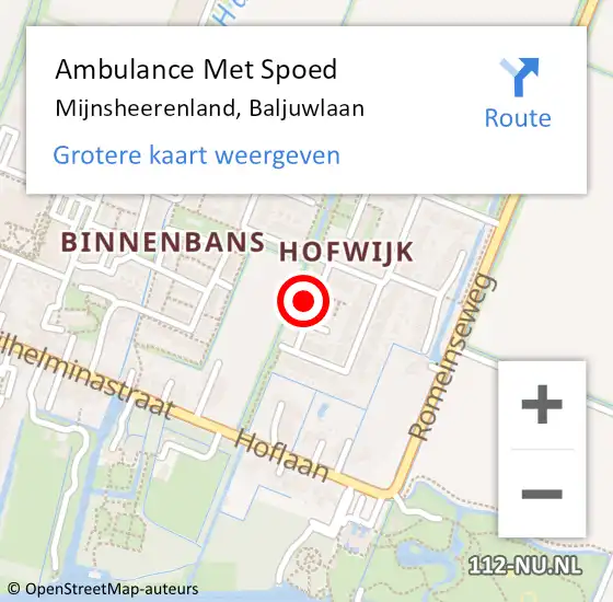 Locatie op kaart van de 112 melding: Ambulance Met Spoed Naar Mijnsheerenland, Baljuwlaan op 11 mei 2023 20:09