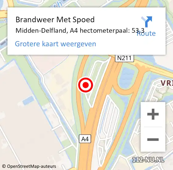 Locatie op kaart van de 112 melding: Brandweer Met Spoed Naar Midden-Delfland, A4 hectometerpaal: 53,3 op 11 mei 2023 20:45