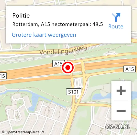 Locatie op kaart van de 112 melding: Politie Rotterdam, A15 hectometerpaal: 48,5 op 12 mei 2023 05:08