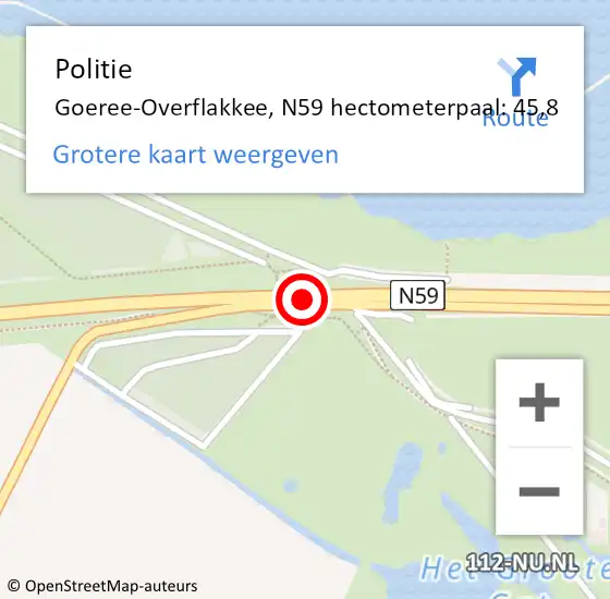 Locatie op kaart van de 112 melding: Politie Goeree-Overflakkee, N59 hectometerpaal: 45,8 op 12 mei 2023 05:26