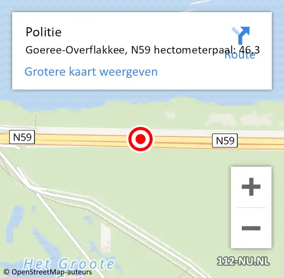 Locatie op kaart van de 112 melding: Politie Goeree-Overflakkee, N59 hectometerpaal: 46,3 op 12 mei 2023 08:03