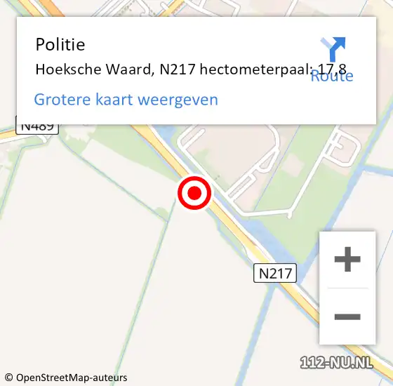 Locatie op kaart van de 112 melding: Politie Hoeksche Waard, N217 hectometerpaal: 17,8 op 12 mei 2023 08:12