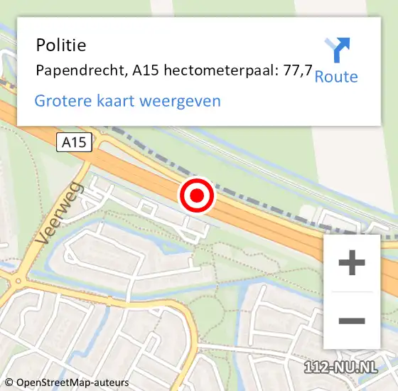 Locatie op kaart van de 112 melding: Politie Papendrecht, A15 hectometerpaal: 77,7 op 12 mei 2023 09:27