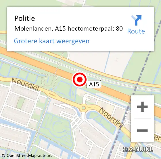 Locatie op kaart van de 112 melding: Politie Molenlanden, A15 hectometerpaal: 80 op 12 mei 2023 10:41