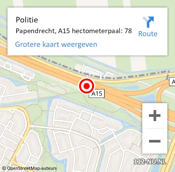 Locatie op kaart van de 112 melding: Politie Papendrecht, A15 hectometerpaal: 78 op 12 mei 2023 10:45