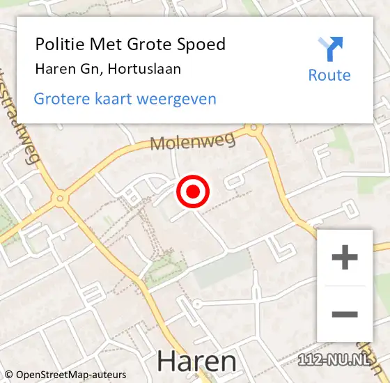 Locatie op kaart van de 112 melding: Politie Met Grote Spoed Naar Haren Gn, Hortuslaan op 12 mei 2023 13:51