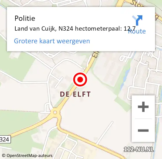 Locatie op kaart van de 112 melding: Politie Land van Cuijk, N324 hectometerpaal: 12,7 op 12 mei 2023 14:50