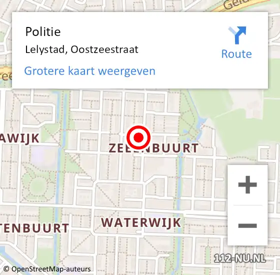 Locatie op kaart van de 112 melding: Politie Lelystad, Oostzeestraat op 12 mei 2023 14:58
