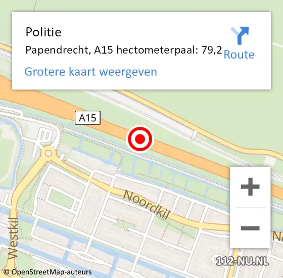 Locatie op kaart van de 112 melding: Politie Papendrecht, A15 hectometerpaal: 79,2 op 12 mei 2023 15:13