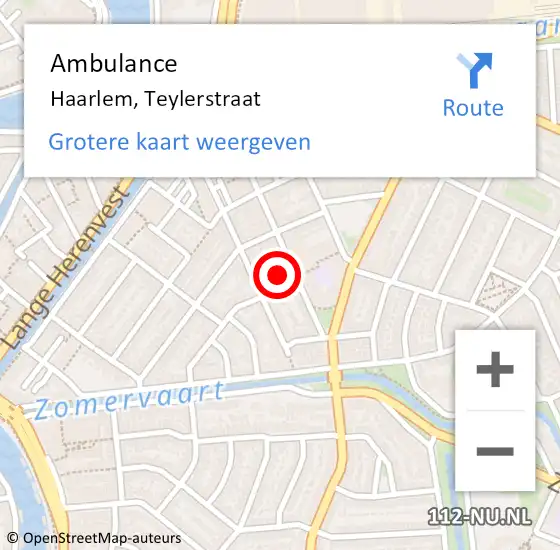 Locatie op kaart van de 112 melding: Ambulance Haarlem, Teylerstraat op 12 mei 2023 15:20